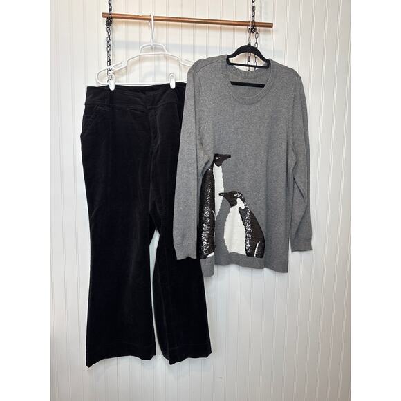 Venezia Black Cotton High Waisted Pants - Gray Penguin Sweater Bundle Size 16 - Picture 1 of 13